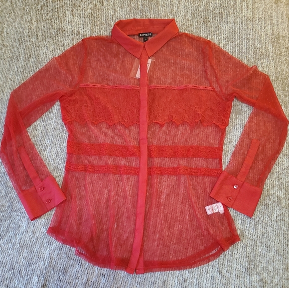 Express Tops - NWT Express Sheer Mesh and Lace Long Sleeve Shirt in Red